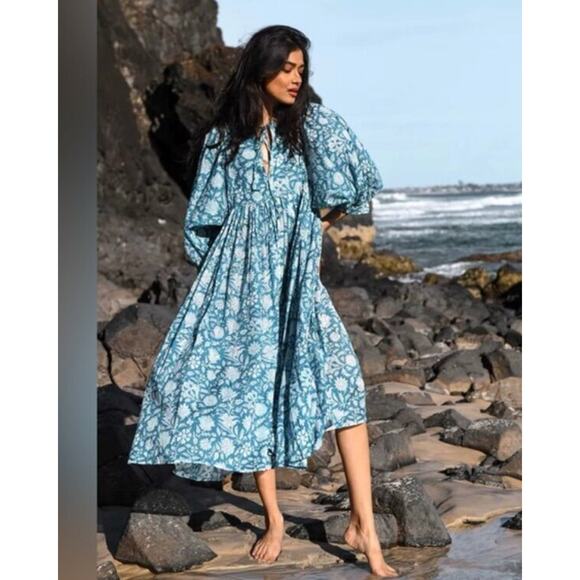 DAUGHTERS OF INDIA Sz M Medium Kyra Midi Dress Ocean Blue - Picture 13 of 14